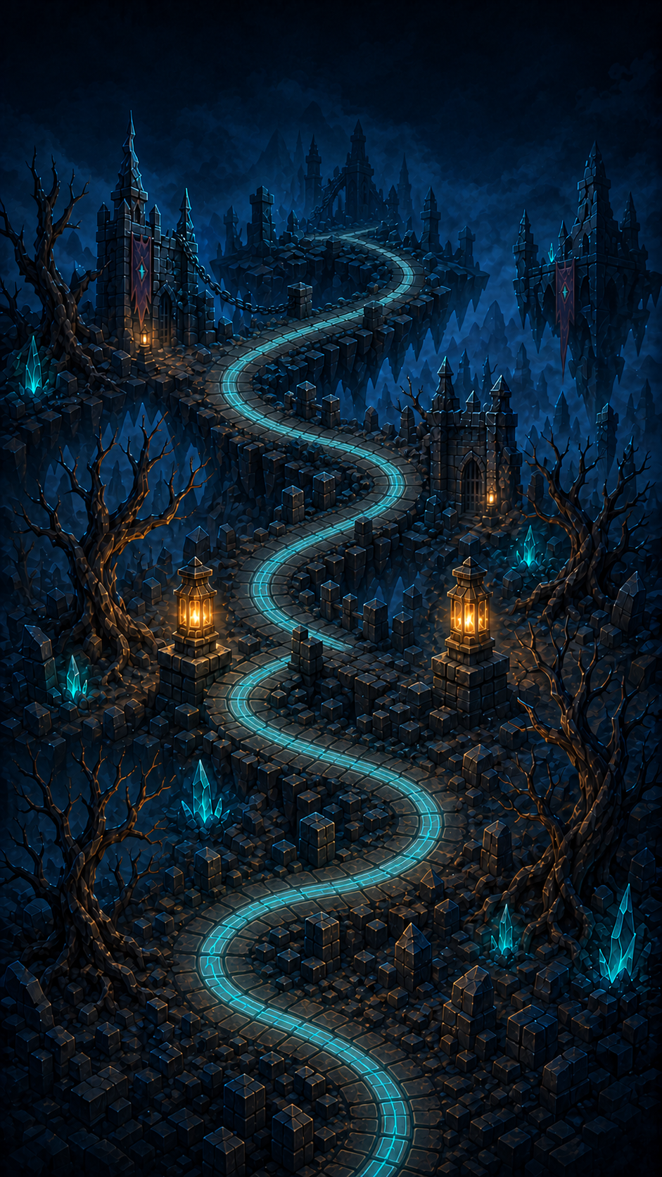 A winding stone path passes teal crystals and amber lanterns on the way to dark castle ruins.